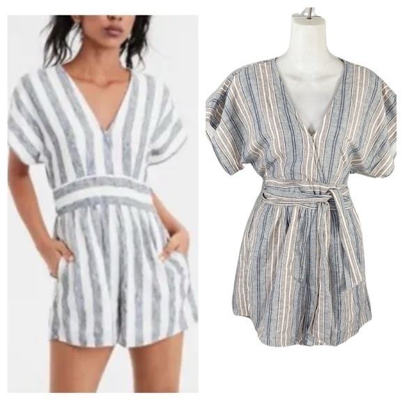 NWT American Eagle Stripe Tie Waist Pocketed Romper FF30 - Picture 1 of 13